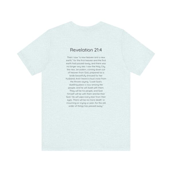 the back of a blue t-shirt with text on it