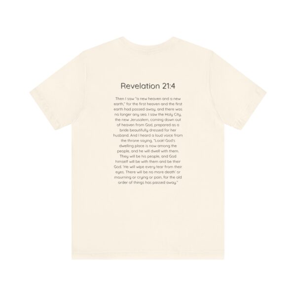 the back of a beige t-shirt with text on it