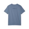 the back of a blue t-shirt with text on it