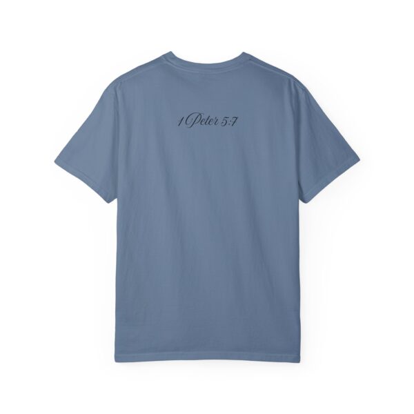 the back of a blue t-shirt with text on it