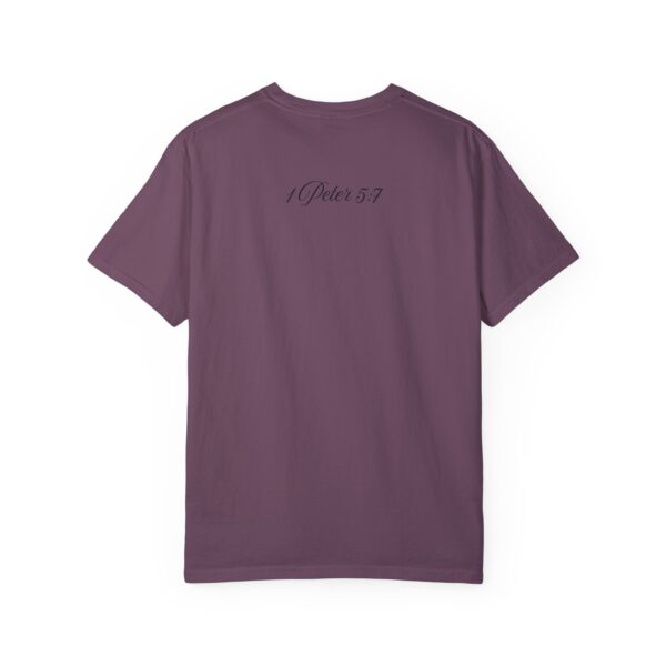 the back of a purple t-shirt with text on it