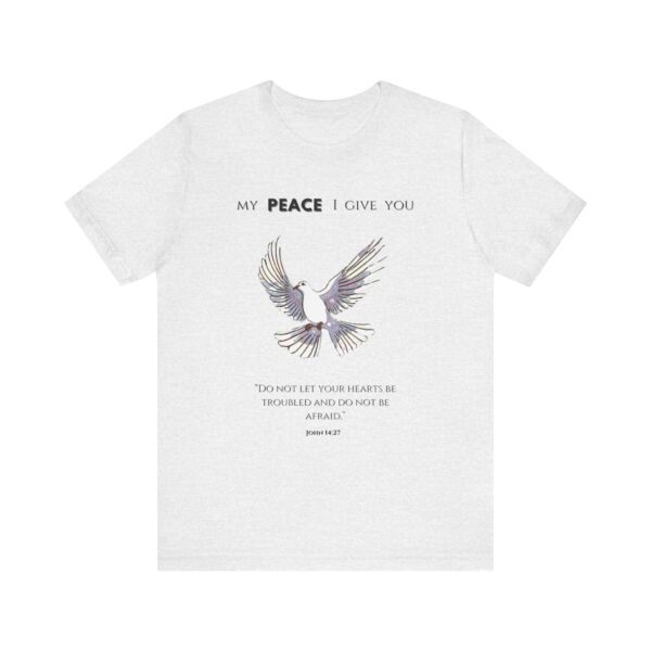 a white t-shirt with a dove flying and text on it