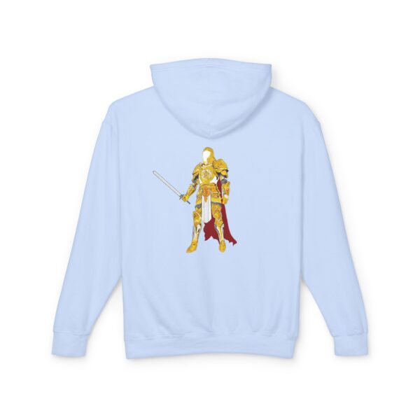 a blue hooded sweatshirt with a yellow and red character on it
