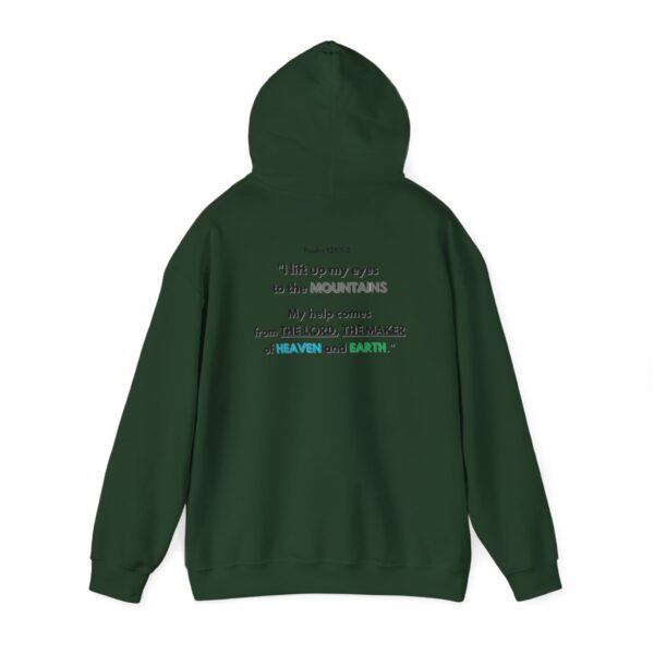 the back of a green hoodie with text on it