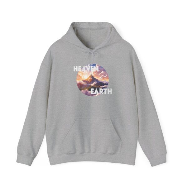 the front of a gray hoodie with a mountain inside a circle and text around it