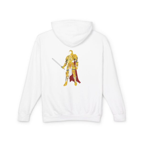 a white sweatshirt with a yellow and red design on it
