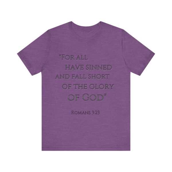 the front of a purple t-shirt with text on it