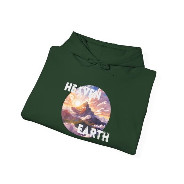 a folded green hoodie with a mountain inside a circle and text around it