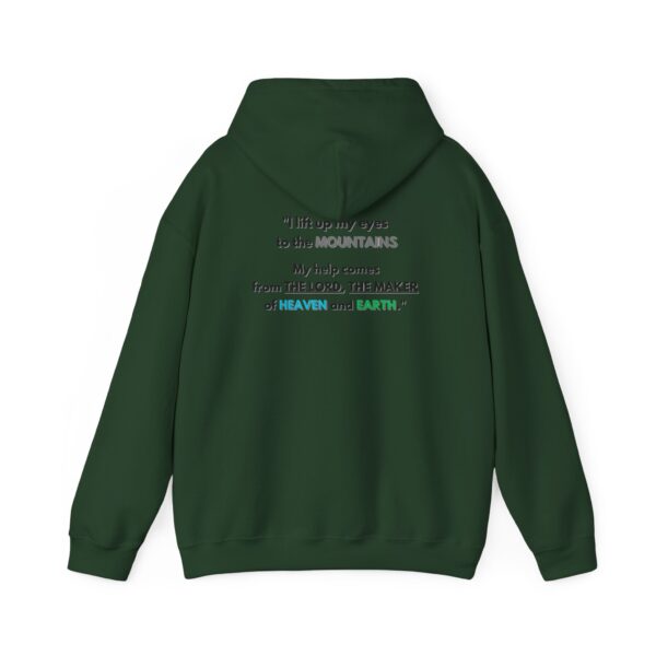 the back of a green hoodie with text on it